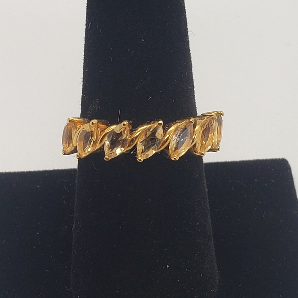 NWOT, Marquee Cut, 7 Stone Citrine Ring In 18k Gold over Solid Strrling Silver